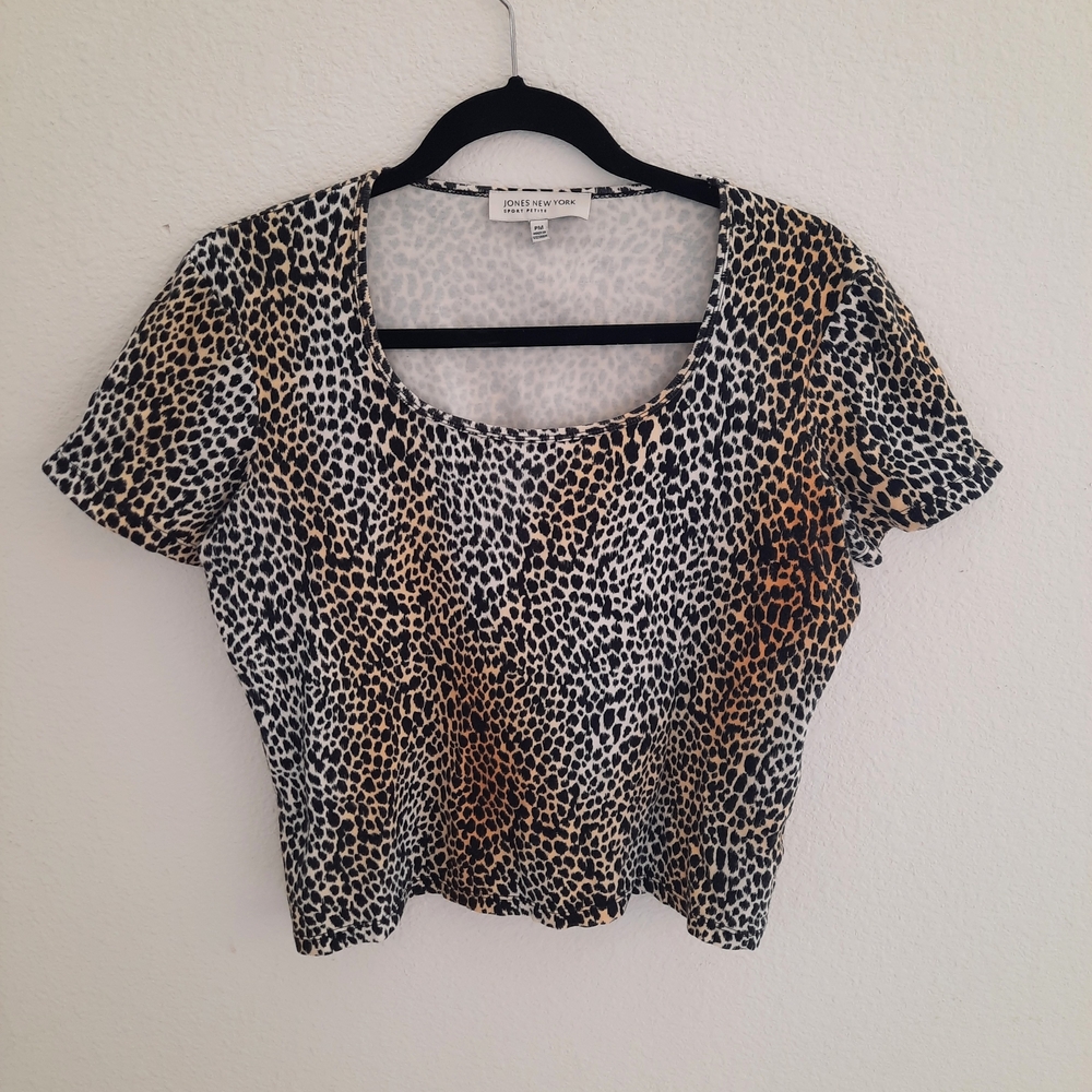 Jones New York Leopard Print Scoop Neck Top - Black, White & Tan